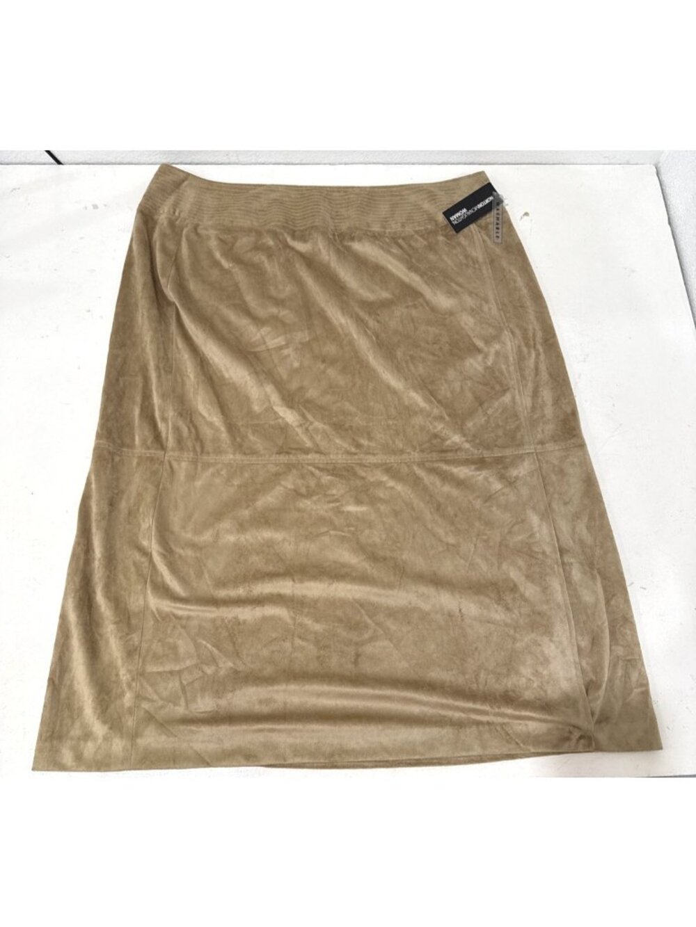 Norton McNaughton Woman Tan Khaki Faux Suede Midi Skirt Slit Minimalist 20W